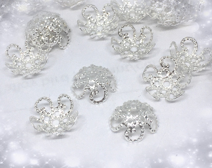 100pc 9.5mm silver finish filigree metal bead caps-TIN104