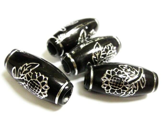 12pc 24x11mm black acrylic beads with flower-7589