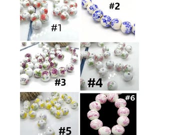 50pc 6mm Round Handmade Flower Printed Porcelain/Ceramic Beads-pls pick a color