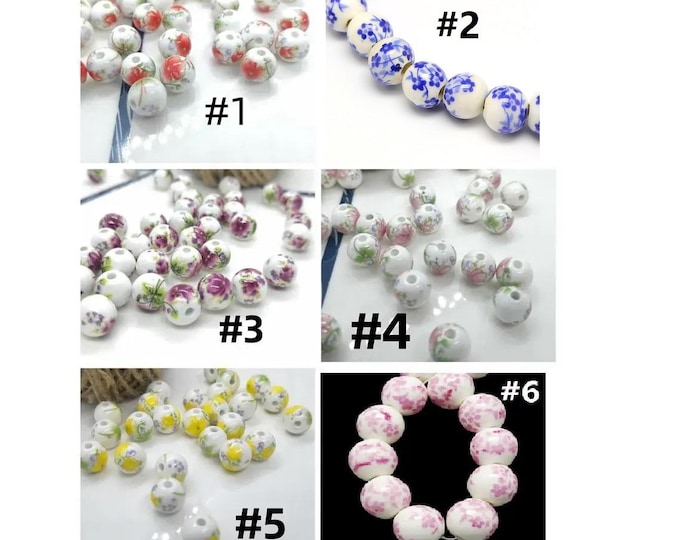 50pc 6mm Round Handmade Flower Printed Porcelain/Ceramic Beads-pls pick a color