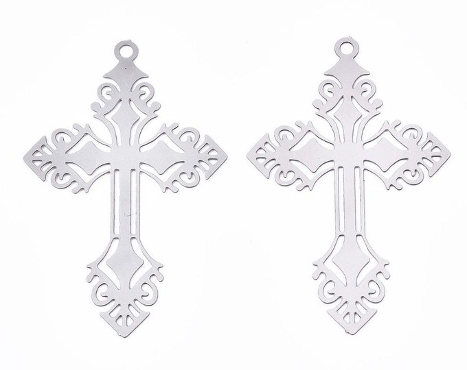 10pc  Stainless Steel Filigree Cross Pendants,40x25mm