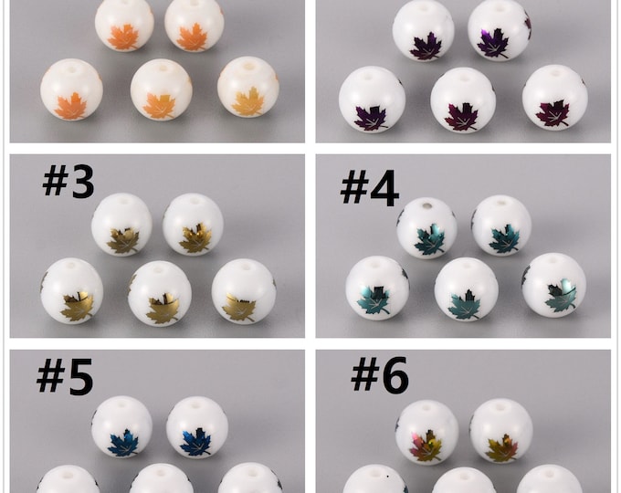 10pc 10mm  Electroplate  Round Glass Beads with Maple Leaf design-Pls pick a color