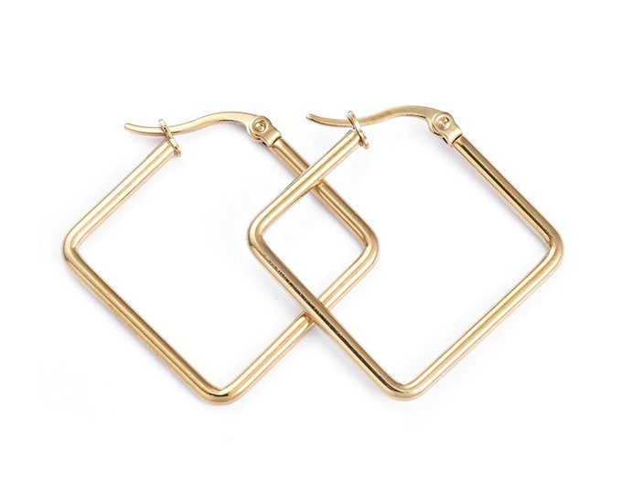 2 pairs Stainless Steel Angular Hoop Earrings, Rhombus shape -Pls pick a size