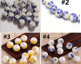50pc 6mm Round Handmade Flower Printed Porcelain/Ceramic Beads-pls pick a color