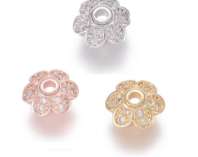 4PC 8mm 6-Petal Brass Micro Pave Clear Cubic Zirconia Bead Caps-pls pick a color