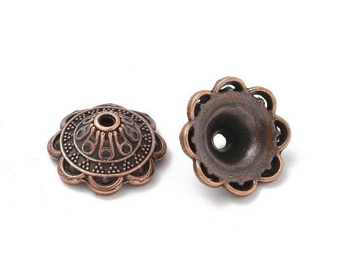 12pc 14mm antique copper finish metal flower bead caps-teb27k
