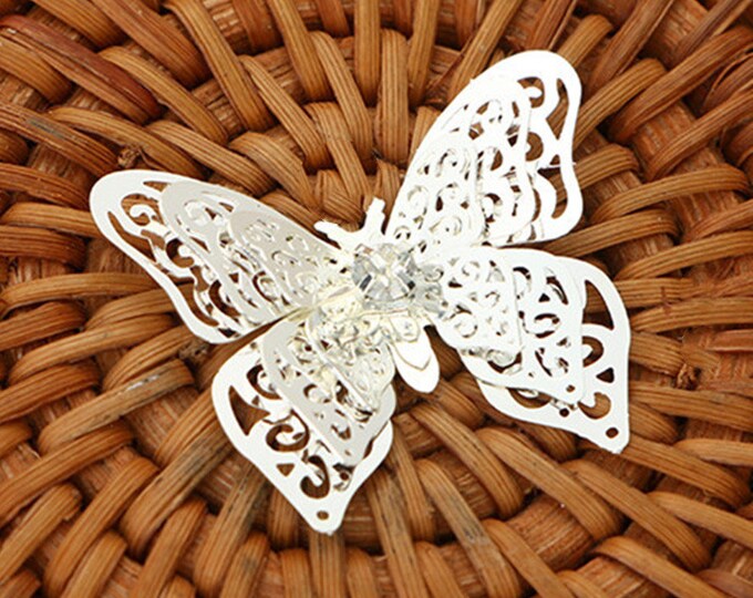 4pc 27x22mm silver finish butterfly with rhinestone setting-LV89T