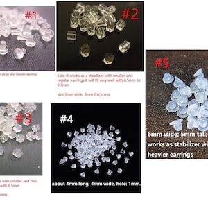 May include: Assortment of clear plastic earring backs in various sizes. The backs are designed to help stabilize earrings and prevent them from falling out. The backs are labeled with numbers 1 through 5, and each number has a corresponding description of the size and purpose of the back.
