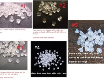 May include: Assortment of clear plastic earring backs in various sizes. The backs are designed to help stabilise earrings and prevent them from falling out. The backs are labelled with numbers 1 through 5, and each number has a corresponding description of the size and purpose of the back.
