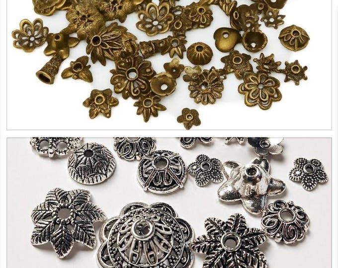 100pcs Antique Finish Bead Caps Mix Lot – Alloy Metal Bead Caps for Jewelry Making, Assorted Shapes-pls pick a color