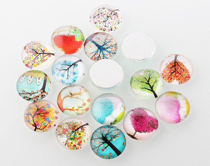 10pc 10mm mix glass cabochons with printed tree of life patterns-7623F