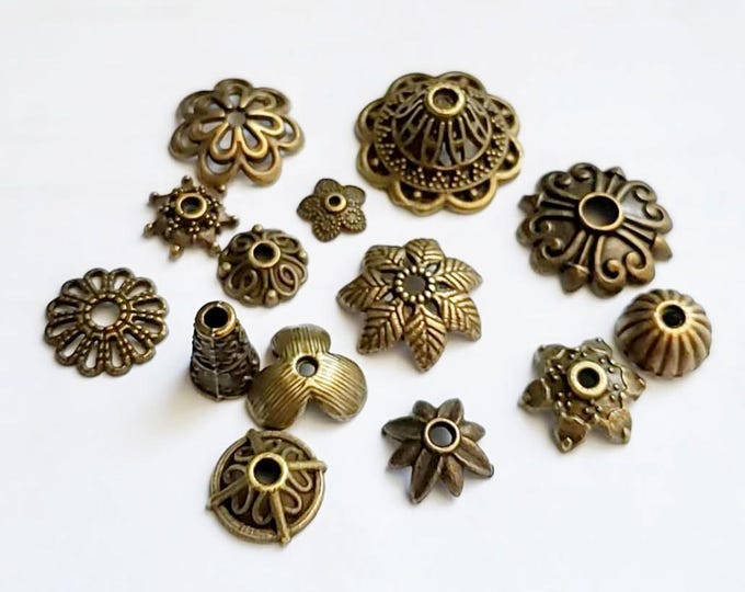 100pcs Antique Bronze Finish Bead Caps Mix Lot – Random Styles, Alloy Metal Bead Caps for Jewelry Making, Spacer Caps Assorted Shapes