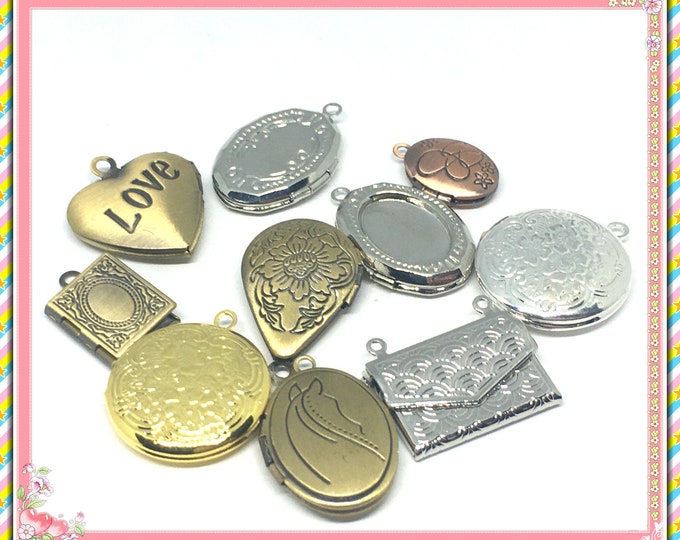 10pc mix shape and color brass made locket photo pendants-S81D