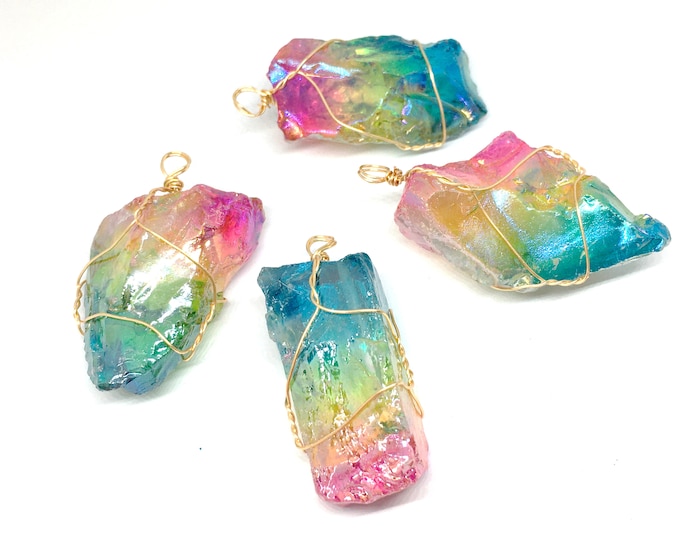 3pc Nugget Style Dyed Quartz Pointed Pendants, with Light Gold Copper Wire-LL1140