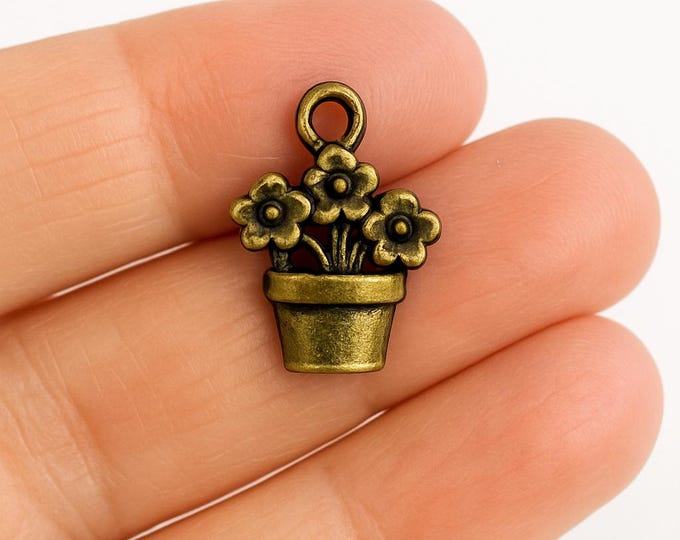 6pc antique bronze finish metal flower basket charms-4335
