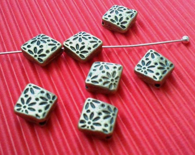 12pc 7mm antique bronze finish fancy metal square beads-5157