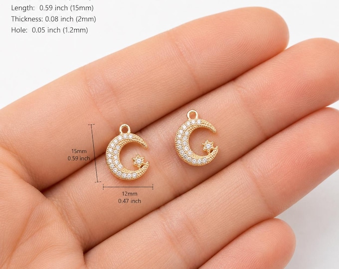 Gold or Silver CZ Crystal Crescent Moon Star Charms, 12x15mm Pendant, Jewelry Making Supplies, 4pcs