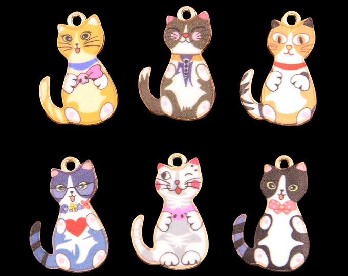 4pc 25x16mm metal with enamel cat print pendant - mix color