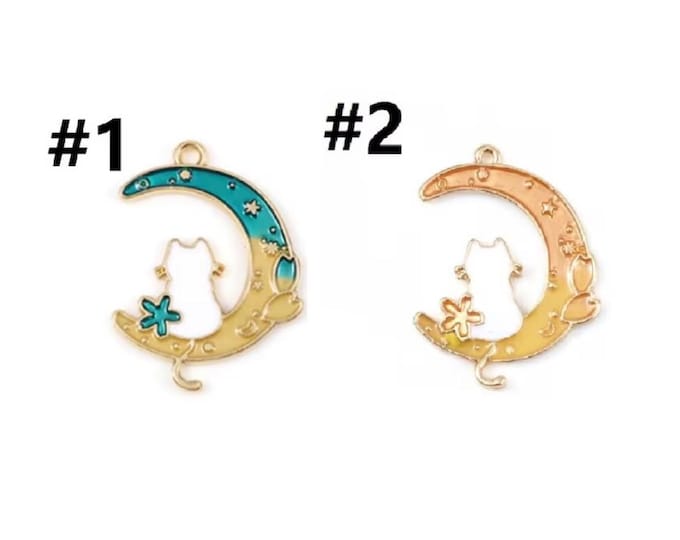 4pc 28mm x 20mm metal with enamel cat with moon pendants/charm -Pls pick a color