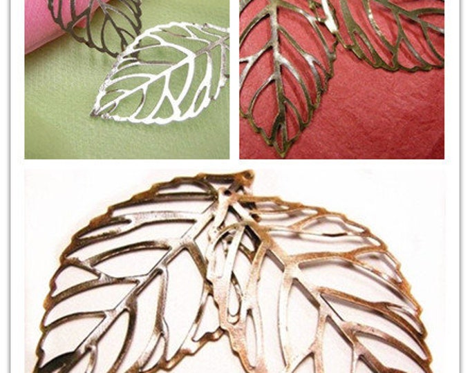 6pc  53x30mm antique metal filigree leaf pendent-pls pick your color