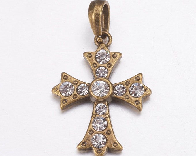 5pc 31x23mm antique bronze finish metal with rhinestone cross pendants-LL1342