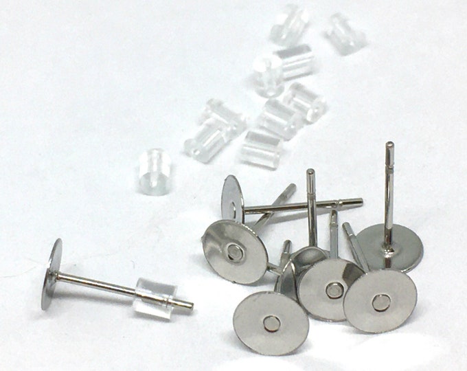 50pc Stainless Steel Earring Studs with Stoppers - Choose Your Preferred Pad Size