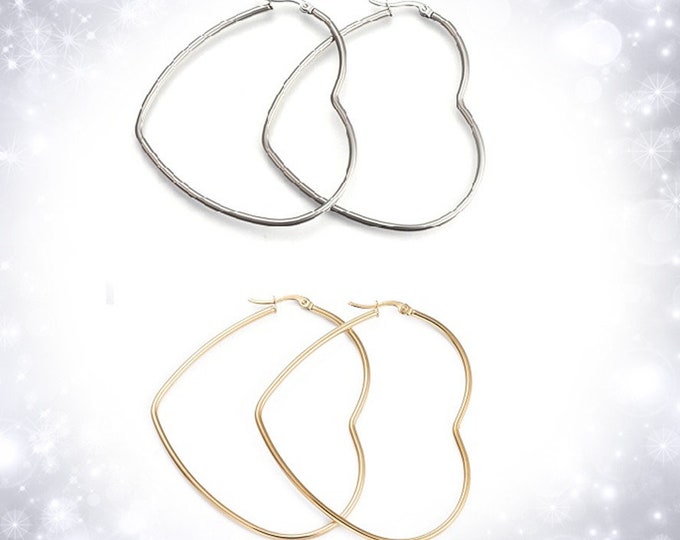 2 Pairs Heart Shaped Stainless Steel Hoop Earrings - Choose Size & Color - Hypoallergenic Romantic Jewelry