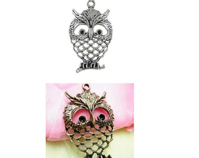 2pc 58x37mm Owl Pendant Charms - Antique Finish Nickel-Free Metal Alloy - Choose Your Color (Silver, Bronze) for Jewelry Making