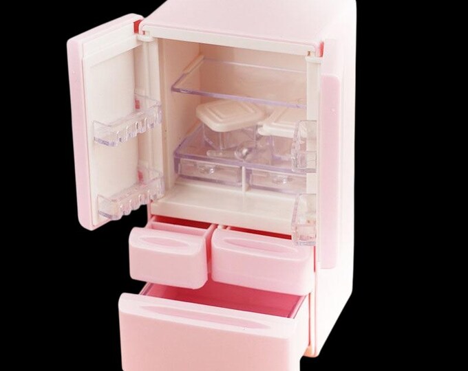 Miniature Pink Refrigerator with Drawers and Shelves | Dollhouse Kitchen Fridge | 1:12 Scale Miniature Furniture