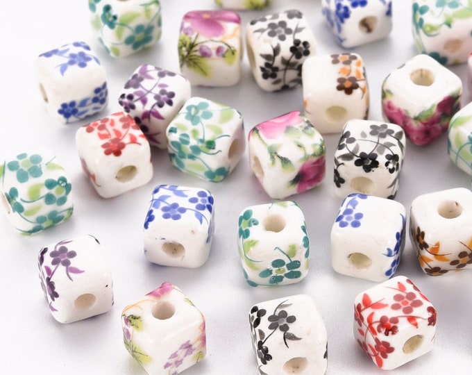 10pc(5 pairs) cubic shape 8.5mm Printed Handmade Porcelain Beads-LL1362