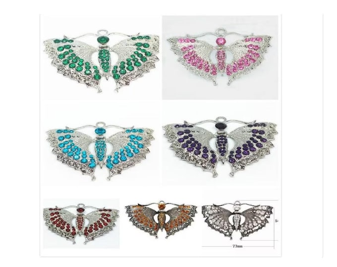 1pc 73x54mm antique silver finish with rhinestones  butterfly pendant-pls choose your own color crystal  glass pendant