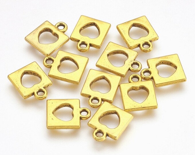 12pc antique gold finish  13x10mm metal square with heart charms-bak31