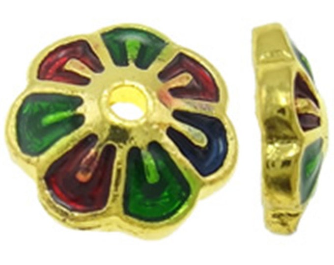 6pc 8mm gold finish metal bead caps with enamel -9959