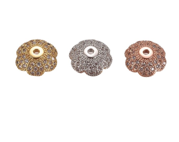 4PC 10mm 6-Petal Brass Micro Pave Clear Cubic Zirconia Bead Caps-pls pick a color