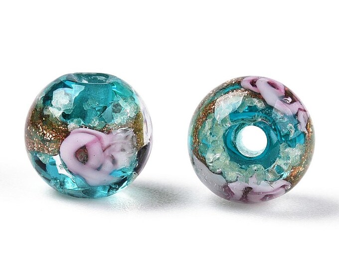10pc 8mm Luminous Handmade Gold Sand Lampwork Beads, Glow in the Dark, Round with Flower