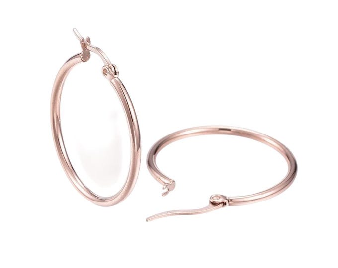 2 Pairs(4 pieces) Stainless Steel Hoop Earrings Findings Rose Gold Finish-35mm
