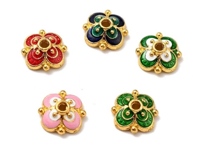 4pc 9.5mm 4 petal gold tone with enamel bead caps LL2105 -pls pick a color