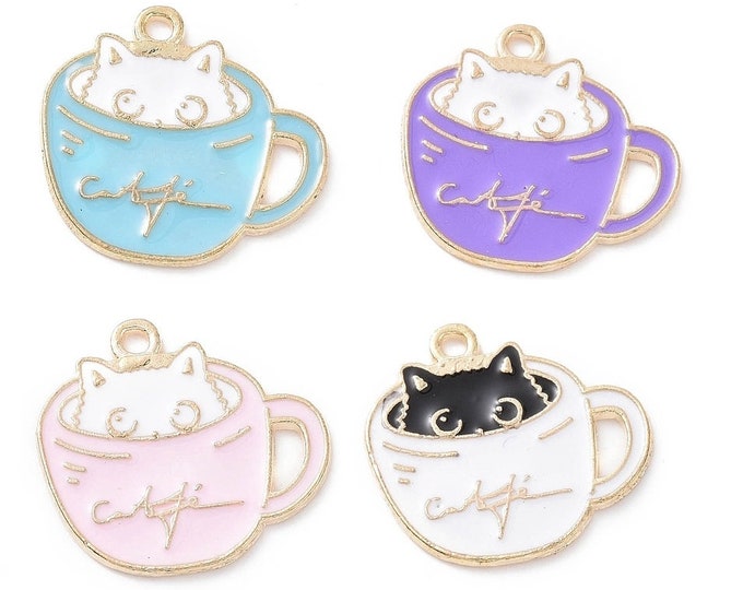5 pc Zinc Based Alloy Charms Cat in a Cup Animal Gold Tone 20x18mm mix color-RM153