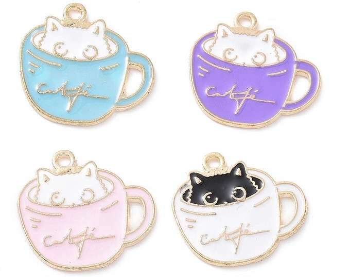 5 pc Zinc Based Alloy Charms Cat in a Cup Animal Gold Tone 20x18mm mix color-RM153