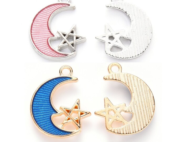 6pcs 19x16mm mix color moon with star charms pendants metal with enamel-pls pick a color