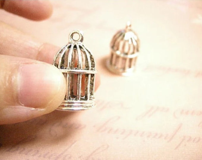 2pc antique silver finish metal bird cage pendants-711R