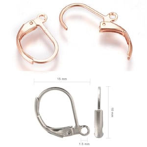 May include: Two pairs of earring hooks, one pair is rose gold and the other is silver. The rose gold hooks are 15 mm long and the silver hooks are 10 mm long. The silver hooks are 1.5 mm wide.