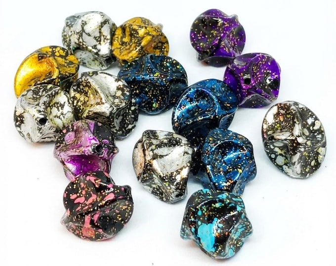 15pcs Mixed Color Crumpled Beads 16x12mm , Abstract Splatter & Gold Foil Effect, Chunky Acrylic Nugget Spacer Beads