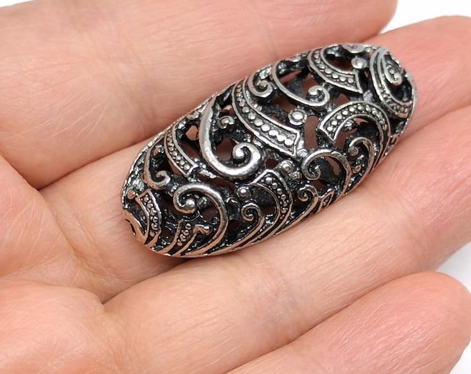 2 Pcs Antique Silver Finish Filigree Oval Pendant Beads, 38x20mm Large Scroll Swirl Boho Connectors
