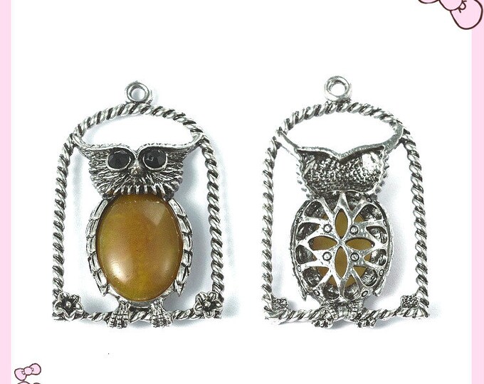 2pc 46x29mm antique silver metal with resin owl with cage pendants-7322