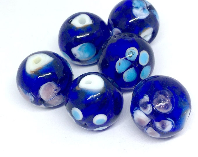 6pc 16mm lampwork glass round flower print beads-6085