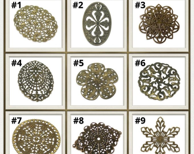 8pc antique bronze finish metal filigree center piece/wraps- pls pick a style