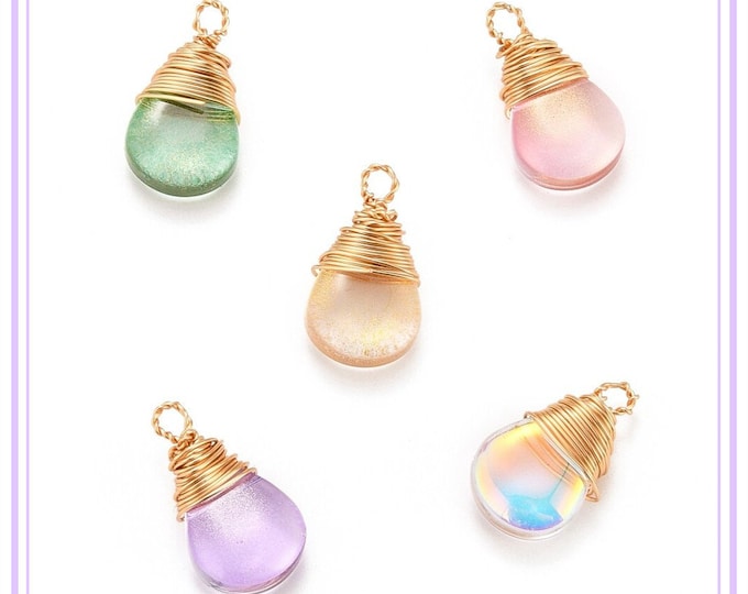 6pcs(3 pairs) Mixed Teardrop Shape Transparent Glass Pendants, with Gold Copper Wire Wrapped Pendants