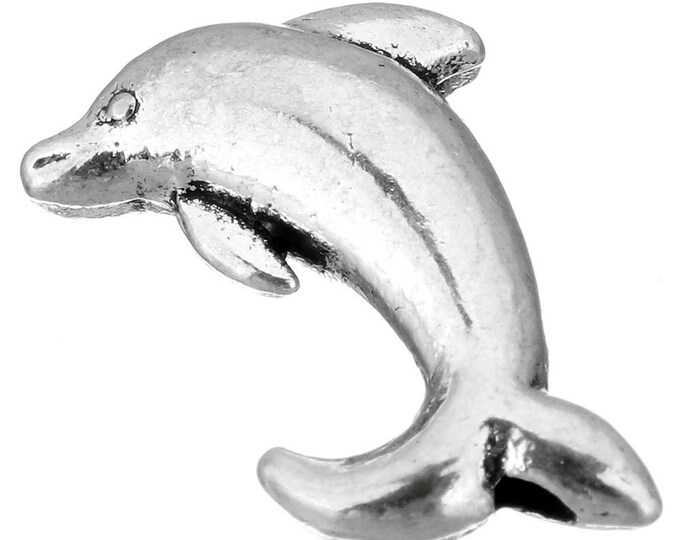 12pc 14x10mm antique silver finish metal dolphin beads-R733