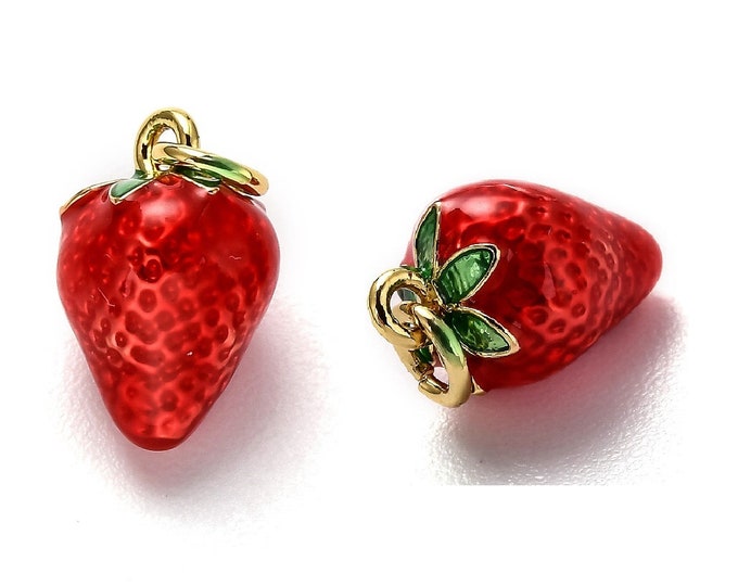 2pc   gold plated Brass Enamel Small Strawberry Charms, Long-Lasting Plated, with Jump Ring